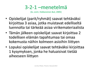 3-2-1 –menetelmä
               (ks. esim. Hakkarainen &al, 2005)


• Opiskelijat (parit/ryhmät) saavat tehtäväksi
  kirjo...