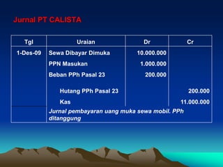 Jurnal PT CALISTA
Tgl Uraian Dr Cr
1-Des-09 Sewa Dibayar Dimuka 10.000.000
PPN Masukan 1.000.000
Beban PPh Pasal 23 200.000
Hutang PPh Pasal 23 200.000
Kas 11.000.000
Jurnal pembayaran uang muka sewa mobil. PPh
ditanggung
 
