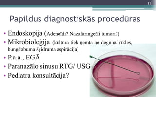 Papildus diagnostiskās procedūras
• Endoskopija (Adenoīdi? Nazofaringeāli tumori?)
• Mikrobioloģija (kultūra tiek ņemta no deguna/ rīkles,
bungdobuma šķidruma aspirācija)
• P.a.a., EGĀ
• Paranazālo sinusu RTG/ USG
• Pediatra konsultācija?
11
 