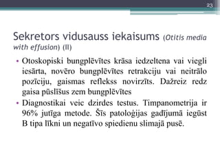 Sekretors vidusauss iekaisums (Otitis media
with effusion) (II)
• Otoskopiski bungplēvītes krāsa iedzeltena vai viegli
iesārta, novēro bungplēvītes retrakciju vai neitrālo
pozīciju, gaismas reflekss novirzīts. Dažreiz redz
gaisa pūslīšus zem bungplēvītes
• Diagnostikai veic dzirdes testus. Timpanometrija ir
96% jutīga metode. Šīs patoloģijas gadījumā iegūst
B tipa līkni un negatīvo spiedienu slimajā pusē.
23
 