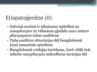Etiopatoģenēze (II)
• Galvenā nozīme ir iekaisuma izplatībai no
nasopharynx uz vidusauss gļotādu caur ostium
pharyngeum tubae auditivae
• Tuba auditiva obturācijas dēļ bungdobumā
krasi samazinās spiediens
• Bungdobumā veidojas izsvīdums, kurš vēlāk tiek
inficēts nasopharynx mikrofloras invāzijas dēļ
4
 