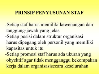 PRINSIP PENYUSUNAN STAF
-Setiap staf harus memiliki kewenangan dan
tanggung-jawab yang jelas
-Setiap posisi dalam struktur organisasi
harus dipegang oleh personil yang memiliki
kapasitas untuk itu
-Setiap promosi staf harus ada ukuran yang
obyektif agar tidak mengganggu kekompakan
kerja dalam organisasisecara keseluruhan
 