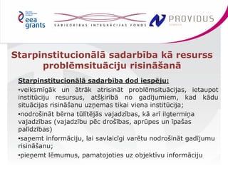 Starpinstitucionālā sadarbība dod iespēju: 
•veiksmīgāk un ātrāk atrisināt problēmsituācijas, ietaupot 
institūciju resursus, atšķirībā no gadījumiem, kad kādu 
situācijas risināšanu uzņemas tikai viena institūcija; 
•nodrošināt bērna tūlītējās vajadzības, kā arī ilgtermiņa 
vajadzības (vajadzību pēc drošības, aprūpes un īpašas 
palīdzības) 
•saņemt informāciju, lai savlaicīgi varētu nodrošināt gadījumu 
risināšanu; 
•pieņemt lēmumus, pamatojoties uz objektīvu informāciju 
Starpinstitucionālā sadarbība kā resurss 
problēmsituāciju risināšanā 
 
