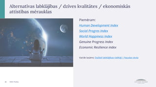 20 Attēls: Pixabay.
Alternatīvas labklājības / dzīves kvalitātes / ekonomiskās
attīstības mērauklas
Piemēram:
Human Development Index
Social Progres Index
World Happiness Index
Genuine Progress Index
Economic Resilience index
Vairāk lasāms: Dažādi labklājības rādītāji | Naudas skola
 