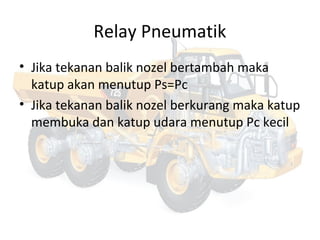 Relay Pneumatik
• Jika tekanan balik nozel bertambah maka
katup akan menutup Ps=Pc
• Jika tekanan balik nozel berkurang maka katup
membuka dan katup udara menutup Pc kecil
 