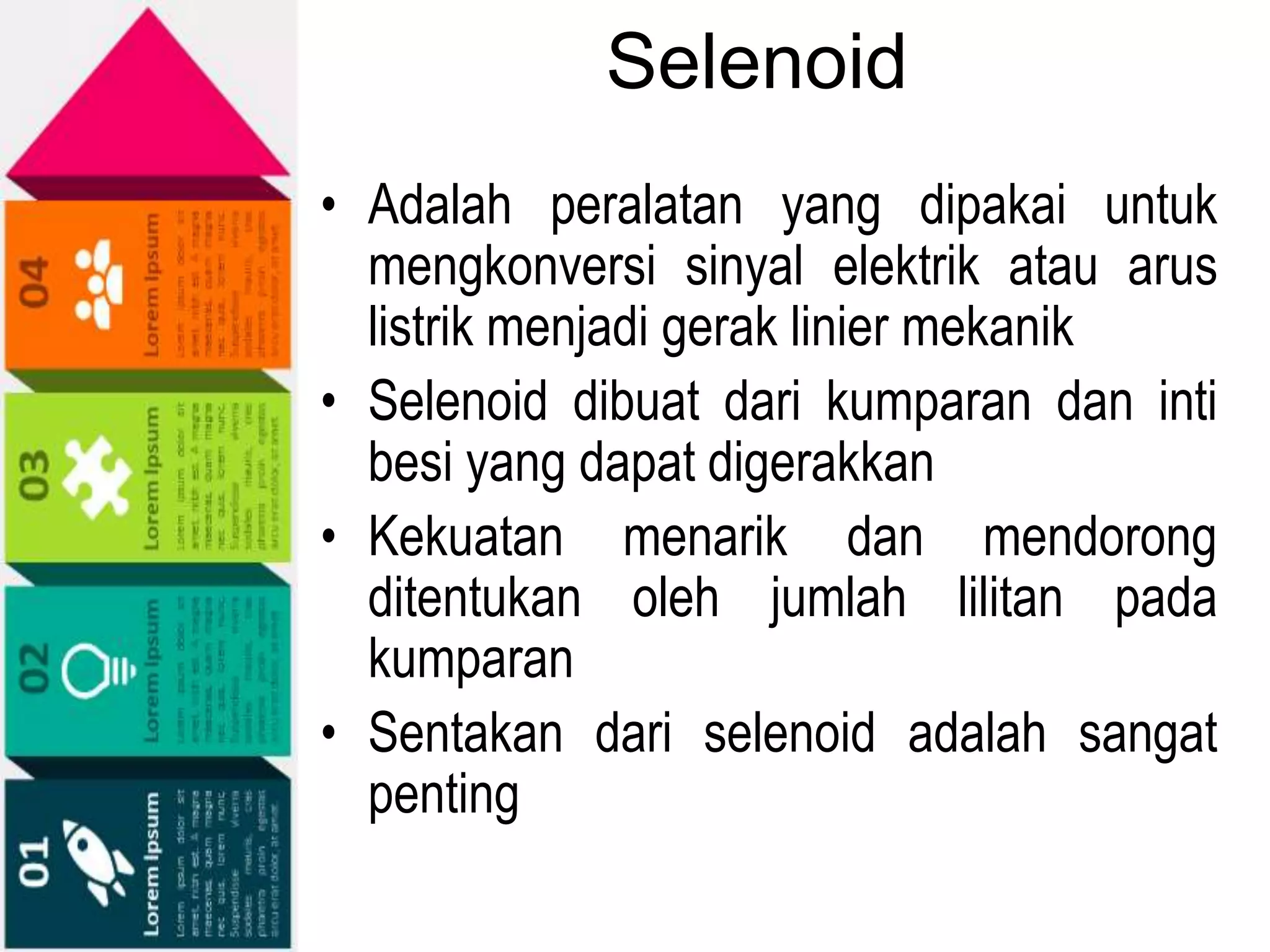 Selenoid
• Adalah peralatan yang dipakai untuk
mengkonversi sinyal elektrik atau arus
listrik menjadi gerak linier mekanik
• Selenoid dibuat dari kumparan dan inti
besi yang dapat digerakkan
• Kekuatan menarik dan mendorong
ditentukan oleh jumlah lilitan pada
kumparan
• Sentakan dari selenoid adalah sangat
penting
 