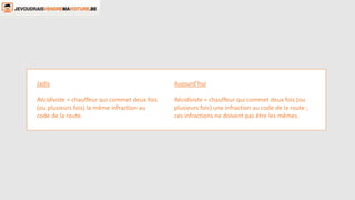 Jadis
Récidiviste = chauffeur qui commet deux fois
(ou plusieurs fois) la même infraction au
code de la route.
Aujourd’hui
Récidiviste = chauffeur qui commet deux fois (ou
plusieurs fois) une infraction au code de la route ;
ces infractions ne doivent pas être les mêmes.
 