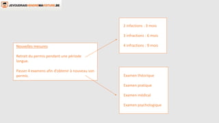 Nouvelles mesures
Retrait du permis pendant une période
longue.
Passer 4 examens afin d’obtenir à nouveau son
permis.
2 infactions : 3 mois
3 infractions : 6 mois
4 infractions : 9 mois
Examen théorique
Examen pratique
Examen médical
Examen psychologique
 