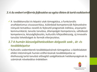 3.6Azemberierőforrásfejlesztéseazegészéletenáttartóeszközeivel
A továbbtanulási és képzési utak támogatása, a funkcionális
analfabetizmus visszaszorítása, különböző kompetenciák fejlesztésére
irányuló tematikus nevelő és fejlesztő programok indítása, anyanyelvi
kommunikáció, tanulás tanulása, állampolgári kompetencia, vállalkozói
kompetencia, készségfejlesztés, kulturális kifejezőkészség, új innovatív
tanulási lehetőségek és formák elterjesztése;
3.7 A humán közszolgáltatásokban dolgozók szak-, át- és
továbbképzése
Kulturális szakemberek továbbképzésének támogatása: a közfeladatot
ellátó intézmények humán erőforrásának továbbképzése az
élethosszig tartó tanulást elősegítő szolgáltatások hatékonyságának és
számának növekedése érdekében
 
