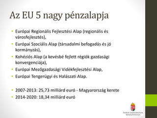 Az EU 5 nagy pénzalapja
• Európai Regionális Fejlesztési Alap (regionális és
városfejlesztés),
• Európai Szociális Alap (társadalmi befogadás és jó
kormányzás),
• Kohéziós Alap (a kevésbé fejlett régiók gazdasági
konvergenciája),
• Európai Mezőgazdasági Vidékfejlesztési Alap,
• Európai Tengerügyi és Halászati Alap.
• 2007-2013: 25,73 milliárd euró - Magyarország kerete
• 2014-2020: 18,34 milliárd euró
 