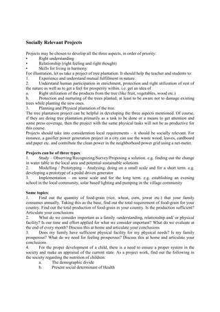 Socially Relevant Projects
Projects may be chosen to develop all the three aspects, in order of priority:
• Right understanding
• Relationship (right feeling and right thought)
• Skills for living in harmony
For illustration, let us take a project of tree plantation. It should help the teacher and students to:
1. Experience and understand mutual fulfillment in nature.
2. Understand human participation in enrichment, protection and right utilization of rest of
the nature as well as to get a feel for prosperity within. i.e. get an idea of
a. Right utilization of the products from the tree (like fruit, vegetables, wood etc.)
b. Protection and nurturing of the trees planted; at least to be aware not to damage existing
trees while planting the new ones.
3. Planning and Physical plantation of the tree.
The tree plantation project can be helpful in developing the three aspects mentioned. Of course,
if they are doing tree plantation primarily as a task to be done or a means to get attention and
some press coverage, then the project with the same physical tasks will not be as productive for
this course.
Projects should take into consideration local requirements – it should be socially relevant. For
instance, a gasifier power generation project in a city can use the waste wood, leaves, cardboard
and paper etc. and contribute the clean power in the neighborhood power grid using a net-meter.
Projects can be of three types:
1. Study – Observing/Recognizing/Survey/Proposing a solution. e.g. finding out the change
in water table in the local area and potential sustainable solutions
2. Modelling / Prototyping – Analysing, doing on a small scale and for a short term. e.g.
developing a prototype of a pedal driven generator
3. Implementation – on some scale and for the long term. e.g. establishing an evening
school in the local community, solar based lighting and pumping in the village community
Some topics:
1. Find out the quantity of food-grain (rice, wheat, corn, jowar etc.) that your family
consumes annually. Taking this as the base, find out the total requirement of food-grain for your
country. Find out the total production of food-grain in your country. Is the production sufficient?
Articulate your conclusions
2. What do we consider important as a family -understanding, relationship and/ or physical
facility? Is our time and effort applied for what we consider important? What do we evaluate at
the end of every month? Discuss this at home and articulate your conclusions
3. Does my family have sufficient physical facility for my physical needs? Is my family
prosperous? What do we need for feeling prosperous? Discuss this at home and articulate your
conclusions
4. For the proper development of a child, there is a need to ensure a proper system in the
society and make an appraisal of the current state. As a project work, find out the following in
the society regarding the nutrition of children:
a. The demographic divide
b. Present social determinant of Health
 