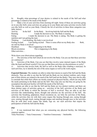 b) Roughly what percentage of your desires is related to the needs of the Self and what
percentage is related to the needs of the Body?
2. Make a list of your activities from morning till night. Some of these are activities going
on in you (the Self), some activities are going on in your Body and some activities involve both
you (the Self) as well as your Body. Classify the list of activities in these three categories (see
table, below).
Activity In the Self In the Body Involving both the Self and the Body
Running I made the decision to run. The Body is running
Eating I made the decision to eat. The Body is eating. The Body is getting the
nutrition and I am getting the taste
Thinking I am thinking. My body is not involved
Feeling excited I am feeling excited There is some effect on my Body also Both,
me and my Body is involved
Heartbeat This is happening in the Body
Blood circulation This is happening in the Body
Other activities…
Write down your observations regarding:
a) The activities of the Self which do not involve the Body. Can you see that these activities
are continuous?
b) Activities of the Body. Can you see that they involve some internal organs of the Body
(like the heart and blood vessels)? Can you see that these activities are discontinuous or cyclic?
c) Activities that involve both, the Self as well as the Body (like climbing a staircase). In
such activities, try to identify the role of the sense organs as well as the work organs.
Expected Outcome: The students are able to relate their desires to need of the Self and the Body
distinctly. They are able to see that the Self and the Body are two distinct realities, and a large
part of their desires are related to the need of the Self (and not the Body). They may also be able
to conclude that while their efforts are mostly centered on physical facility, which can only fulfil
the needs pertaining to the Body and not the Self. They may also see that they are going by the
assumption that physical facility will fulfil the needs of the Self also.
The students are able to see that the Self and the Body are two distinct realities and there are
three distinct types of activities going on – activities of the Self, activities of the Body and
activities of the Body in which the decision of Self is involved. They are able to see that
activities like understanding, desire, thought and selection are the activities of the Self; the
activities like breathing, palpitation, blood circulation etc. are fully the activities of the Body,
while the activities they do with their sense organs like hearing through ears, seeing through
eyes, sensing through touch, tasting through tongue and smelling through nose or the activities
they do with their work organs like hands, legs etc. are such activities that require the
participation of both the Self and the Body.
PS5
1. It was mentioned that when you are consuming any physical facility, the following
sequence applies:
Tasty-Necessary  Tasty-Unnecessary  Tasteless-Unnecessary  Intolerable
 