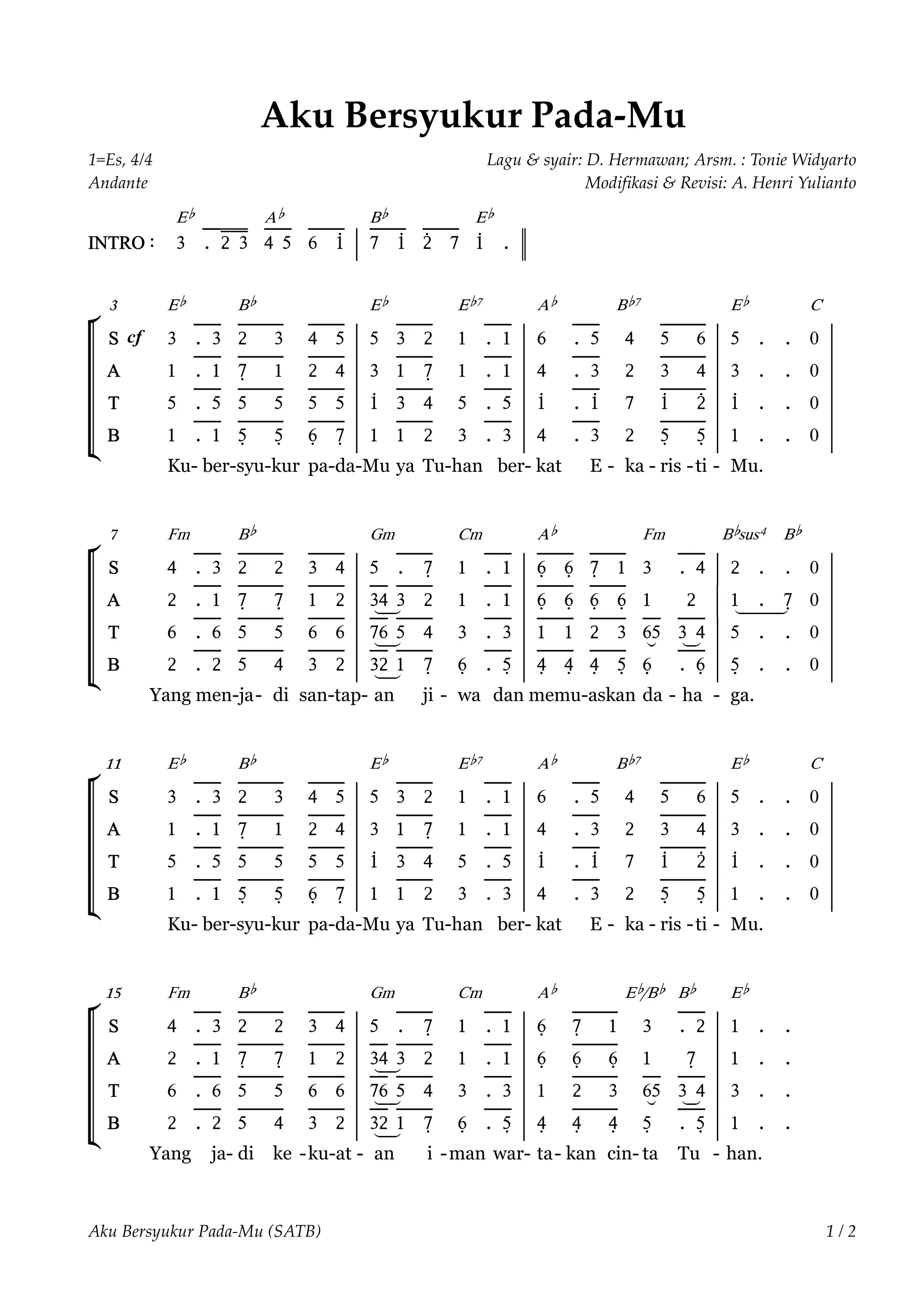 Aku Bersyukur Pada-Mu
1=Es, 4/4 Lagu & syair: D. Hermawan; Arsm. : Tonie Widyarto
Andante Modifikasi & Revisi: A. Henri Yulianto
Eb Ab Bb Eb
INTRO : 3 ._ _2= =3= 4_ _5_ 6_ _ _1>_ | 7_ _ _1>_ 2>_ _ _7_ 1> . !
~ 3 Eb Bb Eb Eb7 Ab Bb7 Eb C
[ S cf 3 ._ _3_ 2_ _ _ _3_ 4_ _ _5_ | 5 3_ _ _2_ 1 ._ _1_ | 6 ._ _5_ 4 5_ _ _ _6_ | 5 . . 0 |
[ A 1 ._ _1_ 7<_ _ _ _1_ 2_ _ _4_ | 3 1_ _ _7<_ 1 ._ _1_ | 4 ._ _3_ 2 3_ _ _ _4_ | 3 . . 0 |
[ T 5 ._ _5_ 5_ _ _ _5_ 5_ _ _5_ | 1> 3_ _ _4_ 5 ._ _5_ | 1> ._ _1>_ 7 1>_ _ _ _2>_ | 1> . . 0 |
[ B 1 ._ _1_ 5<_ _ _ _5<_ 6<_ _ _7<_ | 1 1_ _ _2_ 3 ._ _3_ | 4 ._ _3_ 2 5<_ _ _ _5<_ | 1 . . 0 |
` Ku- ber-syu-kur pa-da-Mu ya Tu-han ber- kat E - ka - ris -ti - Mu.
~ 7 Fm Bb Gm Cm Ab Fm Bbsus4 Bb
[ S 4 ._ _3_ 2_ _ _ _2_ 3_ _ _4_ | 5 ._ _ _7<_ 1 ._ _1_ | 6<_ _ _6<_ 7<_ _ _1_ 3 ._ _4_ | 2 . . 0 |
[ A 2 ._ _1_ 7<_ _ _ _7<_ 1_ _ _2_ | 3_(4-_ -3)_ _ _2_ 1 ._ _1_ | 6<_ _ _6<_ 6<_ _ _6<_ 1 2 | 1( - -.- - -7)< 0 |
[ T 6 ._ _6_ 5_ _ _ _5_ 6_ _ _6_ | 7(_6-_ -5)_ _ _4_ 3 ._ _3_ | 1_ _ _1_ 2_ _ _3_ 6_(5)_ 3(_ -_4)_ | 5 . . 0 |
[ B 2 ._ _2_ 5_ _ _ _4_ 3_ _ _2_ | 3(_2-_ -1)_ _ _7<_ 6< ._ _5<_ | 4<_ _ _4<_ 4<_ _ _5<_ 6< ._ _6<_ | 5< . . 0 |
` Yang men-ja- di san-tap- an ji - wa dan memu-askan da - ha - ga.
~ 11 Eb Bb Eb Eb7 Ab Bb7 Eb C
[ S 3 ._ _3_ 2_ _ _ _3_ 4_ _ _5_ | 5 3_ _ _2_ 1 ._ _1_ | 6 ._ _5_ 4 5_ _ _ _6_ | 5 . . 0 |
[ A 1 ._ _1_ 7<_ _ _ _1_ 2_ _ _4_ | 3 1_ _ _7<_ 1 ._ _1_ | 4 ._ _3_ 2 3_ _ _ _4_ | 3 . . 0 |
[ T 5 ._ _5_ 5_ _ _ _5_ 5_ _ _5_ | 1> 3_ _ _4_ 5 ._ _5_ | 1> ._ _1>_ 7 1>_ _ _ _2>_ | 1> . . 0 |
[ B 1 ._ _1_ 5<_ _ _ _5<_ 6<_ _ _7<_ | 1 1_ _ _2_ 3 ._ _3_ | 4 ._ _3_ 2 5<_ _ _ _5<_ | 1 . . 0 |
` Ku- ber-syu-kur pa-da-Mu ya Tu-han ber- kat E - ka - ris -ti - Mu.
~ 15 Fm Bb Gm Cm Ab Eb/Bb Bb Eb
[ S 4 ._ _3_ 2_ _ _ _2_ 3_ _ _4_ | 5 ._ _ _7<_ 1 ._ _1_ | 6< 7<_ _ _ _1_ 3 ._ _2_ | 1 . .
[ A 2 ._ _1_ 7<_ _ _ _7<_ 1_ _ _2_ | 3_(4-_ -3)_ _ _2_ 1 ._ _1_ | 6< 6<_ _ _ _6<_ 1 7< | 1 . .
[ T 6 ._ _6_ 5_ _ _ _5_ 6_ _ _6_ | 7(_6-_ -5)_ _ _4_ 3 ._ _3_ | 1 2_ _ _ _3_ 6(_5)_ 3_( -_4)_ | 3 . .
[ B 2 ._ _2_ 5_ _ _ _4_ 3_ _ _2_ | 3(_2-_ -1)_ _ _7<_ 6< ._ _5<_ | 4< 4<_ _ _ _4<_ 5< ._ _5<_ | 1 . .
` Yang ja- di ke -ku-at - an i -man war- ta- kan cin- ta Tu - han.
Aku Bersyukur Pada-Mu (SATB) 1 / 2
 