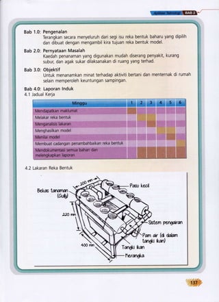 Bab 1.0: Pengenalan
Terangkan secara menyeluruh dari segi isu reka bentuk baharu yang dipilih
dan dibuat dengan mengambil kira tujuan reka bentuk model.
Bab 2.0: Pernyataan Masalah
Kaedah penanaman yang digunakan mudah diserang penyakit, kurang
subuL dan agak sukar dilaksanakan di ruang yang terhad.
Bab 3.0: Objektif
Untuk menanamkan minat terhadap aktiviti bertani dan menternak di rumah
selain memperoleh keuntungan sampingan.
Bab 4.0: Laporan lnduk
4.1 Jadual Kerja
Shtern petgMwl
 