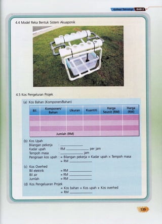 ,, f*#l;rEi iEIEB
r :.r, :. :-i,t,r.Jr :i r.r,: r.1 1r ri rllril';r:1 j.r .ti
4.4 Model Reka Bentuk Sistem Akuaponik

L", iitr.;":,r,:ii,l
' i* ;. '' j:!
3T
r
I
)t


dt
4.5 Kos Pengeluran Projek
(a) Kos Bahan (KomPonen/Bahan)
Bil. Komponen/ Ukuran
tsanan
(b)
(c)
$
l
t
+
, .i-"1
I;t
i
]N
ri
+l
:c
f
.l
fr
:j
il
I
.L
i1
.;
r
i
tr
Kos Upah
Bilangan pekerja
Kadar upah
Tempoh masa
Pengiraan kos upah
Kos Overhed
Bil elektrik
Bil air
Jumlah
Jumlah (RM)
:RM per Jam
:_.-Jam
: = Bilangan pekerja x Kadar upah x Tempoh masa
=RM-
=RM
=RM
=RM
..:j
ii+r-1,rr,:.il:!!rrrrir,-lii::j:rri..tir._'iil"r}"+r':i!,iirlrt{iai:rir;.f'
(d) Kos Pengeluaran Projek
= Kos bahan + Kos upah + Kos overhed
rr
i
i,i:?rl.rrir:1t,iir :r ririr+ :ifi:l :+,iL: iir;:.] 'l liil: i. 1 :,ii::liiril ia j:
=RM
139
 
