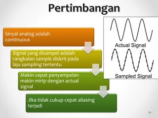 Sinyal analog adalah
continuous
Signal yang disampel adalah
rangkaian sample diskrit pada
laju sampling tertentu
Makin cepat penyampelan
makin mirip dengan actual
signal
Jika tidak cukup cepat aliasing
terjadi
Actual Signal
Sampled Signal
74
 