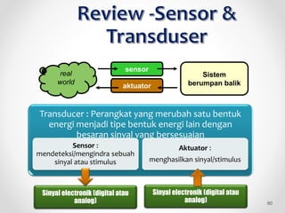 Transducer : Perangkat yang merubah satu bentuk
energi menjadi tipe bentuk energi lain dengan
besaran sinyal yang bersesuaian
Sensor :
mendeteksi/mengindra sebuah
sinyal atau stimulus
Aktuator :
menghasilkan sinyal/stimulus
90
real
world
sensor
aktuator
Sistem
berumpan balik
Sinyal electronik (digital atau
analog)
Sinyal electronik (digital atau
analog)
 