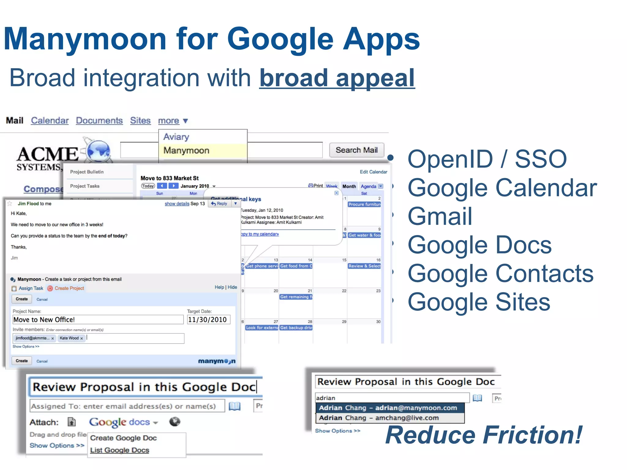 Manymoon for Google Apps
Broad integration with broad appeal
• OpenID / SSO
• Google Calendar
• Gmail
• Google Docs
• Google Contacts
• Google Sites
Reduce Friction!
 