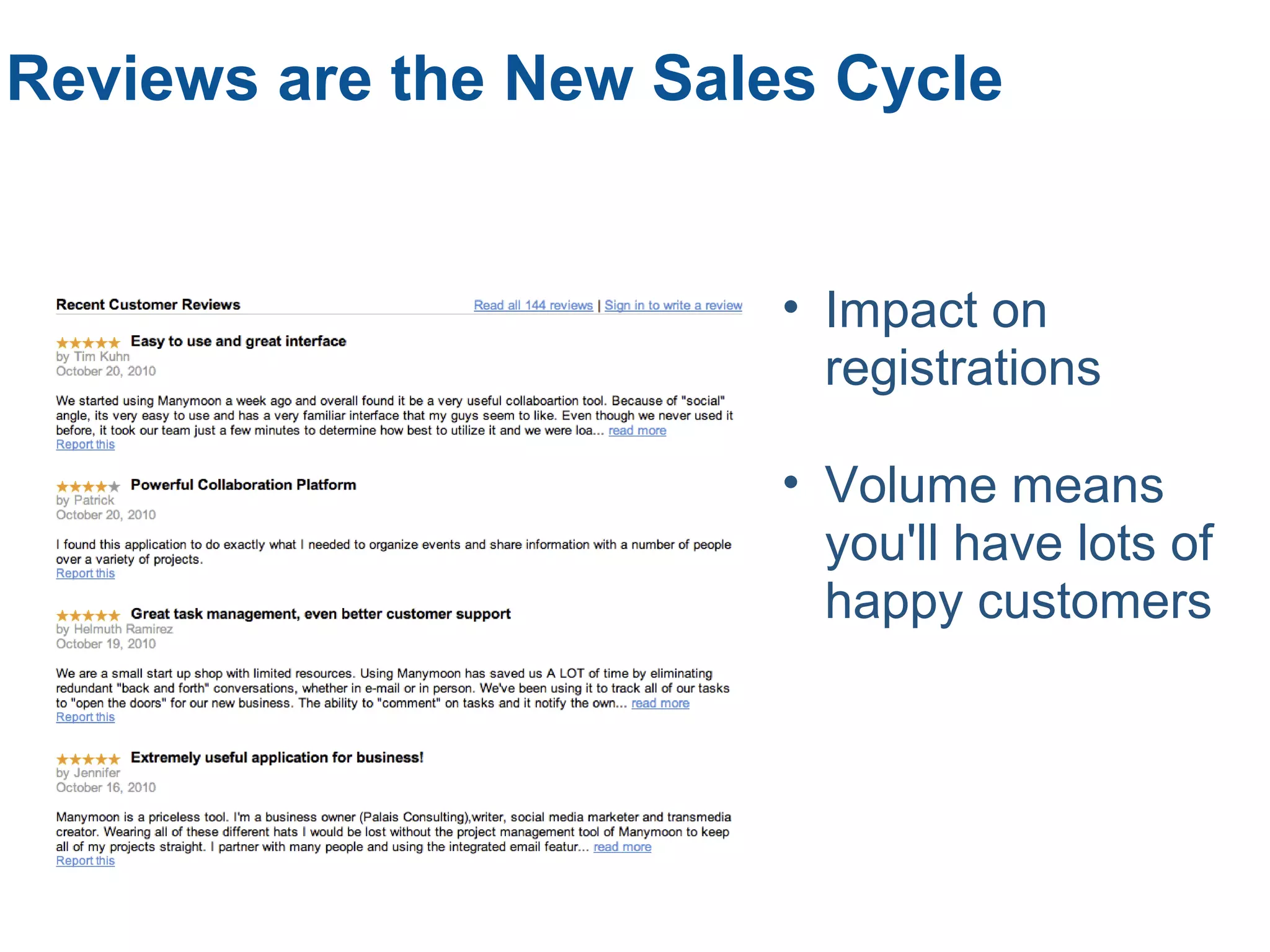 Reviews are the New Sales Cycle
• Impact on
registrations
• Volume means
you'll have lots of
happy customers
 