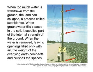 When too much water is
withdrawn from the
ground, the land can
collapse, a process called
subsidence. When
groundwater fills spaces
in the soil, it supplies part
of the internal strength of
the ground. When the
water is removed, leaving
openings filled only with
air, the weight of the
overlying earth compacts
and crushes the spaces.
In this photograph of California's San Joaquin Valley, the dates on the pole mark the former heights of the ground.
In the span of 50 years, water pumping for irrigation led to nearly 30 feet of subsidence.

 