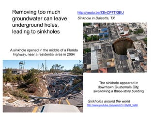 Removing too much
groundwater can leave
underground holes,
leading to sinkholes

http://youtu.be/ZEvCP7TXIEU
Sinkhole in Daisetta, TX

A sinkhole opened in the middle of a Florida
highway, near a residential area in 2004

The sinkhole appeared in
downtown Guatemala City,
swallowing a three-story building
Sinkholes around the world
http://www.youtube.com/watch?v=9IyIH_3eIi0

 