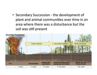 •  Secondary	
  Succession	
  -­‐	
  the	
  development	
  of	
  
plant	
  and	
  animal	
  communiEes	
  over	
  Eme	
  in	
  an	
  
area	
  where	
  there	
  was	
  a	
  disturbance	
  but	
  the	
  
soil	
  was	
  sEll	
  present	
  

 