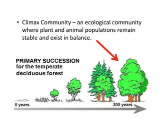 •  Climax	
  Community	
  –	
  an	
  ecological	
  community	
  
where	
  plant	
  and	
  animal	
  populaEons	
  remain	
  
stable	
  and	
  exist	
  in	
  balance.	
  

 