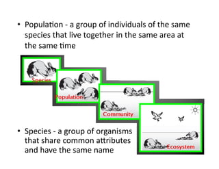 •  PopulaEon	
  -­‐	
  a	
  group	
  of	
  individuals	
  of	
  the	
  same	
  
species	
  that	
  live	
  together	
  in	
  the	
  same	
  area	
  at	
  
the	
  same	
  Eme	
  	
  

•  Species	
  -­‐	
  a	
  group	
  of	
  organisms	
  	
  
	
  that	
  share	
  common	
  aYributes	
  	
  
	
  and	
  have	
  the	
  same	
  name	
  

 