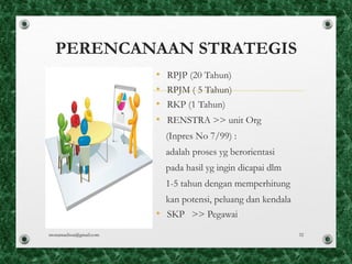 PERENCANAAN STRATEGIS
• RPJP (20 Tahun)
• RPJM ( 5 Tahun)
• RKP (1 Tahun)
• RENSTRA >> unit Org
(Inpres No 7/99) :
adalah proses yg berorientasi
pada hasil yg ingin dicapai dlm
1-5 tahun dengan memperhitung
kan potensi, peluang dan kendala
• SKP >> Pegawai
monamaelissa@gmail.com 32
 