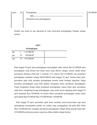 April       20      Perlengkapan…………………………………………………………………                                    350.000,00
                         kas……………………………………………………………………
                    (Pembelian tunai perlengkapan)




  Setelah ayat jurnal di atas diposting ke buku besar,akun perlengkapan Nampak sebagai
  berikut:




                                ASET
                   Perlengkapan
apr.        1    1.125.000,00
apr.        20    350.000,00
apr.        30 1.475.000,00



  Pada tanggal 30 april, akun perlengkapan menunjukkan saldo sebesar Rp1.475.000,00 yaitu
  perlengkapan yang berasal dari bulan maret yang dibawa sebagai setoran modal ketika
  perusahaan didirikan (lihat bab 3, halaman 137) sebesar Rp1.125.000,00, dan pembelian
  perlengkapan tambahan seharga Rp350.000,00 pada tanggal 20 april. Selama bulan april,
  percetakan rapih telah memakai perlengkapan tersebut untuk berbagai keperluan. Harga
  perolehan perlengkapan yang telah dipakai merupakan beban pemakaian perlengkapan.
  Untuk mengetahui berapa beban pemakaian perlengkapan selama bulan april, percetakan
  rapih harus menghitung berapa perlengkapan yang masih tersisa digudang pada tanggal 30
  april berjumlah Rp1.150.000,00. Ini berarti bahwa pemakaian perlengkapan selama bulan
  april adalah Rp3255.000,00 (Rp1.475.000,00-Rp1.150.000,00).

        Pada tanggal 30 april, percetakan rapih harus membuat jurnal penyesuaian agar akun
  perlengkapan menunjukkan jumlah sisa (saldo) yang sesungguhnya ada pada akhir bulan
  (Rp1.150.000,00) dan mengakui pemakaian perlengkapan sebagai beban periode bulan april
  (325.000,00) jurnal penyesuaian yang harus dibuat adalah sebagai berikut:
 