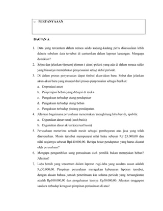 o PERTANYAAAN




BAGIAN A

1. Data yang tercantum dalam neraca saldo kadang-kadang perlu disesuaikan lebih
   dahulu sebelum data tersebut di cantumkan dalam laporan keuangan. Mengapa
   demikian?
2. Sebut dan jelaskan 6(enam) elemen ( akun) pokok yang ada di dalam neraca saldo
   yang biasanya memerlukan penyesuaian setiap akhir periode.
3. Di dalam proses penyesuaian dapat timbul akun-akun baru. Sebut dan jelaskan
   akun-akun baru yang muncul dari proses penyesuaian sebagai berikut:
   a. Depresiasi asset
   b. Penyerapan beban yang dibayar di muka
   c. Pengakuan terhadap utang pendapatan
   d. Pengakuan terhadap utang beban
   e. Pengakuan terhadap piutang pendapatan.
4. Jelaskan bagaimana perusahaan menentukan/ menghitung laba bersih, apabila:
   a. Digunakan dasar tunai (cash basis)
   b. Digunakan dasar akrual (accrual basis)
5. Perusahaan menerima sebuah mesin sebagai pembayaran atas jasa yang telah
   diselesaikan. Mesin tersebut mempunyai nilai buku sebesar Rp125.000,00 dan
   nilai wajarnya sebesar Rp140.000,00. Berapa besar pendapatan yang harus dicatat
   oleh perusahaan?
6. Mengapa pengambilan uang perusahaan oleh pemilik bukan merupakan beban?
   Jelaskan!
7. Laba bersih yang tercantum dalam laporan rugi-laba yang saudara susun adalah
   Rp30.000,00. Pimpinan perusahaan meragukan kebenaran laporan tersebut,
   dengan alasan bahwa jumlah penerimaan kas selama periode yang bersangkutan
   adalah Rp100.000,00 dan pengeluaran kasnya Rp50.000,00. Jelaskan tanggapan
   saudara terhadap keraguan pimpinan perusahaan di atas!
 