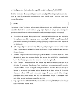 d. Pendapatan jasa diterima dimuka yang telah menjadi pendapatan Rp250.000,00.

Bukalah akun-akun T dan catatlah penyesuaian yang diperlukan langsung ke dalam akun-
akun T yang bersangkutan (cantumkan kode huruf transaksinya). Tentukan saldo akun
setelah disesuaikan.

   SOAL

Perusahaan “Asahi” beroperasi selama satu periode akuntansi yang berakhir pada tanggal 31
desember. Berikut ini adalah informasi yang dapat digunakan sebagai pembuatan jurnal
penyesuaian yang diperlukan untuk menyesuaika saldo akun pada tanggal 31 desember.

a. Pada tanggal 1 januari, akun perlengkapan kantor memiliki saldo debet Rp210.000,00.
    Perlengkapan yang dibeli sepanjang tahun adalah Rp360.000,00 dan perhitungan fisik
    yang dilakukan menunjukkan bahwa perlengkapan yang ada pada akhir tahun berjumlah
    Rp180.000,00.
b. Pada tanggal 1 januari perusahaan melakukan pembayaran premi asuransi untuk jangka
    waktu 2 tahun sebesar Rp900.000,00 dan telah dicatat dengan mendebet akun asuransi
    dibayar di muka.
c. Peralatan yang dibeli tahun lalu seharga Rp14.000.000,00 diperkiraan memiliki umur
    ekonomis 8 tahun dan mempunyai nilai sisa sebesar Rp2.000.000,00. Pada tahun ini
    belum dilakukan penyesuaian untuk mencatat depresiasi yang terjadi.
d. Pada     tanggal 1 agustus diterima kas sebesar Rp4.000.000,00 untuk jasa yang akan
    diberikan di masa yang akan datang. Atas penerimaan ini, perusahaan sudah mencatat
    dengan mendebet kas dan mengredit pendapatan diterima di muka. Demikian pula pada
    tanggal 16 november diterima kas sebesar Rp4.300.00,00. Pada tanggal 31 desember
    ditentukan bahwa 100% dari penerimaan tanggal 1 agustus dapat diakui sebagai
    pendapatan pada tahun tersebut dan 40% dari penerimaan tanggal 16 november dapat
    pula diakui sebagai pendapatan pada tahun tersebut.
e. Gaji pegawai untuk 2 hari terakhir bulan desember sebesar Rp920.000,00 beum dibayar
    dan belum dicatat sebagai beban.
 