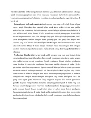 Kelompok deferral timbul dari pencatatan akuntansi yang dilakukan sedemikian rupa sehingga
terjadi penundaan pengakuan suatu beban atau suatu pendapatan. Deferral atau penundaan bisa
berupa penundaan pengakuan beban atau penundaan pengakuan pendapatan seperti di uraikan di
bawah ini.
    Beban ditunda (deferred expenses) adalah pos-pos yang pada awal terjadi dicatat sebagai
   Asset, tetapi diharapkan akan menjadi beban untuk kurun waktu tertentu atau melalui
   operasi normal perusahaan. Perlengkapan dan asuransi dibayar dimuka yang disebutkan di
   atas adalah contoh beban ditunda. Ketika perusahaan membeli perlengkapan, transaksi ini
   dicatat dengan mendebet asset yaitu akun perlengkapan. Ketika perlengkapan dipakai, maka
   asset perlengkapan berubah menjadi beban perlengkapan. Hal yang sama terjadi pada
   asuransi yang akan berlaku untuk beberapa waktu ke depan, perusahaan mencatatnya dalam
   aku asset asuransi dibayar di muka. Dengan berlalunya waktu maka sebagian demi sebagian
   asset ini berubah menjadi beban asuransi. Beban ditunda sering disebut juga beban dibayar
   di muka.
    Pendapatan ditunda (diferred revenue) adalah pos-pos yang pada awal terjadi dicatat
   sebagian kewajiban, tetapi diharapkan akan menjadi pendapatan untuk kurun waktu tertentu
   atau melalui operasi normal perusahaan. Contoh pendapatan ditunda misalnya pendapatan
   sewa diterima di muka dan pendapatan langganan majalah diterima di muka. Ketika
   perusahaan menerima uang sewa dari si penyewa untuk beberapa bulan ke depan, perusahaan
   mencatat transaksi itu dengan mendebet kas dan mengkredit akun kewjiban yang disebut
   sewa diterima di muka ini sebagian demi waktu maka uang sewa yang diterima di muka ini
   sebagian demi sebagian berubah menjadi pendapatan yang disebut pendapatan sewa. Hal
   yang sama terjadi pada penerimaan uang langganan majalah pada sebuah perusahaan
   penerbit majalah. Jika perusahaan menerima uang langganan majalah di muka yang akan
   berlaku untuk beberapa nomor penerbitan atau beberapa bulan dari pelanggan, transaksi itu
   pada awalnya dicatat dengan mengkreditan akun kewajiban yang disebut pendapatan
   langganan majalah diterima di muka. Kelak setelah majalah terbit nomor demi nomor, maka
   pendapatan diterima di muka ini akan berubah menjadi pendapatan yang disebut pendapatan
   langganan majalah.
 