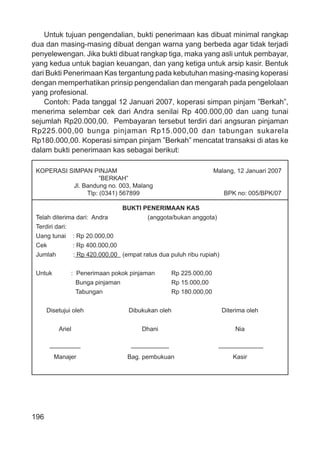 196
Untuk tujuan pengendalian, bukti penerimaan kas dibuat minimal rangkap
dua dan masing-masing dibuat dengan warna yang berbeda agar tidak terjadi
penyelewengan. Jika bukti dibuat rangkap tiga, maka yang asli untuk pembayar,
yang kedua untuk bagian keuangan, dan yang ketiga untuk arsip kasir. Bentuk
dari Bukti Penerimaan Kas tergantung pada kebutuhan masing-masing koperasi
dengan memperhatikan prinsip pengendalian dan mengarah pada pengelolaan
yang profesional.
Contoh: Pada tanggal 12 Januari 2007, koperasi simpan pinjam ”Berkah”,
menerima selembar cek dari Andra senilai Rp 400.000,00 dan uang tunai
sejumlah Rp20.000,00. Pembayaran tersebut terdiri dari angsuran pinjaman
Rp225.000,00 bunga pinjaman Rp15.000,00 dan tabungan sukarela
Rp180.000,00. Koperasi simpan pinjam ”Berkah” mencatat transaksi di atas ke
dalam bukti penerimaan kas sebagai berikut:
KOPERASI SIMPAN PINJAM Malang, 12 Januari 2007
”BERKAH”
Jl. Bandung no. 003, Malang
Tlp: (0341) 567899 BPK no: 005/BPK/07
BUKTI PENERIMAAN KAS
Telah diterima dari: Andra (anggota/bukan anggota)
Terdiri dari:
Uang tunai : Rp 20.000,00
Cek : Rp 400.000,00
Jumlah : Rp 420.000,00 (empat ratus dua puluh ribu rupiah)
Untuk : Penerimaan pokok pinjaman Rp 225.000,00
Bunga pinjaman Rp 15.000,00
Tabungan Rp 180.000,00
Disetujui oleh Dibukukan oleh Diterima oleh
Ariel Dhani Nia
––––––––– ––––––––––– –––––––––––––
Manajer Bag. pembukuan Kasir
 