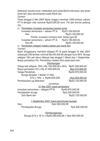 234
dilakukan secara tunai, melibatkan giro pada Bank Indonesia, giro pada
bank lain atau penempatan pada Bank lain
Contoh:
Pada tanggal 5 Mei 2007 Bank Unggul membeli 1000 lembar saham
PT A dengan nilai nominal Rp20.000,00 kurs 110 dan komisi pialang
5%.
Pembelian investasi sementara secara tunai
Investasi sementara – saham PT A Rp23.100.000,00
Kas Rp23.100.000,00
Pembl. investasi smntara mell. beban giro BI
Investasi sementara – saham PT A Rp23.100.000,00
Giro BI Rp23.100.000,00
Pembelian obligasi melalui beban giro bank lain
Contoh:
Bank Singgasana membeli obligasi PT B pada tanggal 31 Mei 2007
sebanyak 500 lembar nominal Rp100.000,00 dengan kurs 95% Bunga
obligasi 18% per tahun dibayar tiap tanggal 1 Maret dan 1 September.
Biaya pembelian 5%. Pembelian melalui Giro pada bank lain.
Perhitungan:
Harga beli obligasi 500 x Rp 100.000,00 x 95% Rp47.500.000,00
Biaya pembelian 5% x Rp 47.500.000,00 Rp2.375.000,00
Harga Perolehan Rp49.875.000,00
Bunga berjalan 1 Maret–31 Mei :
3/12 x 18% x Rp50.000.000 Rp2.250.000,00
Pembayaran yg dilakukan Rp52.125.000,00
Jurnalnya:
31 Mei 2007 (saat pembelian)
Investasi sementara – obligasi PT B Rp49.875.000,00
Pendapatan bunga Rp2.250.000,00
Giro Bank lain Rp52.125.000,00
1 September 2007 (saat penerimaan bunga)
Kas Rp4.500.000,00
Pendapatan Bunga Rp4.500.000,00
Perhitungannya:
Bunga 6/12 x 18 % x Rp50.000.000,00 = Rp4.500.000,00
 