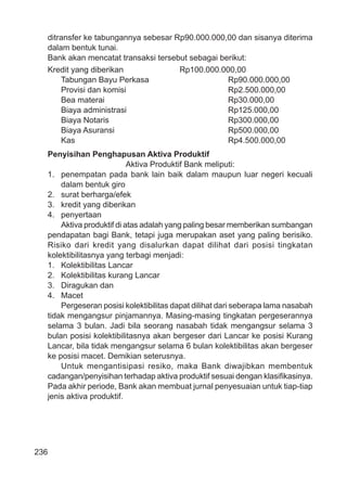236
ditransfer ke tabungannya sebesar Rp90.000.000,00 dan sisanya diterima
dalam bentuk tunai.
Bank akan mencatat transaksi tersebut sebagai berikut:
Kredit yang diberikan Rp100.000.000,00
Tabungan Bayu Perkasa Rp90.000.000,00
Provisi dan komisi Rp2.500.000,00
Bea materai Rp30.000,00
Biaya administrasi Rp125.000,00
Biaya Notaris Rp300.000,00
Biaya Asuransi Rp500.000,00
Kas Rp4.500.000,00
Penyisihan Penghapusan Aktiva Produktif
Aktiva Produktif Bank meliputi:
1. penempatan pada bank lain baik dalam maupun luar negeri kecuali
dalam bentuk giro
2. surat berharga/efek
3. kredit yang diberikan
4. penyertaan
Aktiva produktif di atas adalah yang paling besar memberikan sumbangan
pendapatan bagi Bank, tetapi juga merupakan aset yang paling berisiko.
Risiko dari kredit yang disalurkan dapat dilihat dari posisi tingkatan
kolektibilitasnya yang terbagi menjadi:
1. Kolektibilitas Lancar
2. Kolektibilitas kurang Lancar
3. Diragukan dan
4. Macet
Pergeseran posisi kolektibilitas dapat dilihat dari seberapa lama nasabah
tidak mengangsur pinjamannya. Masing-masing tingkatan pergeserannya
selama 3 bulan. Jadi bila seorang nasabah tidak mengangsur selama 3
bulan posisi kolektibilitasnya akan bergeser dari Lancar ke posisi Kurang
Lancar, bila tidak mengangsur selama 6 bulan kolektibilitas akan bergeser
ke posisi macet. Demikian seterusnya.
Untuk mengantisipasi resiko, maka Bank diwajibkan membentuk
cadangan/penyisihan terhadap aktiva produktif sesuai dengan klasiﬁkasinya.
Pada akhir periode, Bank akan membuat jurnal penyesuaian untuk tiap-tiap
jenis aktiva produktif.
 