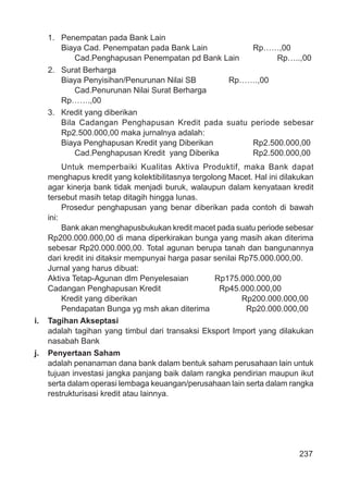 237
1. Penempatan pada Bank Lain
Biaya Cad. Penempatan pada Bank Lain Rp……,00
Cad.Penghapusan Penempatan pd Bank Lain Rp…..,00
2. Surat Berharga
Biaya Penyisihan/Penurunan Nilai SB Rp…….,00
Cad.Penurunan Nilai Surat Berharga
Rp…….,00
3. Kredit yang diberikan
Bila Cadangan Penghapusan Kredit pada suatu periode sebesar
Rp2.500.000,00 maka jurnalnya adalah:
Biaya Penghapusan Kredit yang Diberikan Rp2.500.000,00
Cad.Penghapusan Kredit yang Diberika Rp2.500.000,00
Untuk memperbaiki Kualitas Aktiva Produktif, maka Bank dapat
menghapus kredit yang kolektibilitasnya tergolong Macet. Hal ini dilakukan
agar kinerja bank tidak menjadi buruk, walaupun dalam kenyataan kredit
tersebut masih tetap ditagih hingga lunas.
Prosedur penghapusan yang benar diberikan pada contoh di bawah
ini:
Bank akan menghapusbukukan kredit macet pada suatu periode sebesar
Rp200.000.000,00 di mana diperkirakan bunga yang masih akan diterima
sebesar Rp20.000.000,00. Total agunan berupa tanah dan bangunannya
dari kredit ini ditaksir mempunyai harga pasar senilai Rp75.000.000,00.
Jurnal yang harus dibuat:
Aktiva Tetap-Agunan dlm Penyelesaian Rp175.000.000,00
Cadangan Penghapusan Kredit Rp45.000.000,00
Kredit yang diberikan Rp200.000.000,00
Pendapatan Bunga yg msh akan diterima Rp20.000.000,00
i. Tagihan Akseptasi
adalah tagihan yang timbul dari transaksi Eksport Import yang dilakukan
nasabah Bank
j. Penyertaan Saham
adalah penanaman dana bank dalam bentuk saham perusahaan lain untuk
tujuan investasi jangka panjang baik dalam rangka pendirian maupun ikut
serta dalam operasi lembaga keuangan/perusahaan lain serta dalam rangka
restrukturisasi kredit atau lainnya.
 