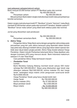 239
saat pelepasan sebagian/seluruh saham
Bank menjual 20.000 lembar saham PT Berdikari pada nilai nominal
Kas Rp 400.000.000,00
Penyertaan saham Rp 400.000.000,00
Bila penyertaan Bank dalam rangka restrukturisasi kredit maka penyertaannya
bersifat sementara.
Dalam rangka restrukturisasi kredit PT ”Berdikari” di bank ”Harmoni” maka Bank
membeli 50.000 lembar saham pada nilai nominal PT tersebut. Setelah usaha PT
”Berdikari” lancar maka saham yang dibeli bank ditebus pada nilai nominal.
Jurnal yang dibutuhkan saat penebusan
Kas Rp 200.000.000,00
Penyertaan sementara Bank Rp 200.000.000,00
k. Aktiva Tetap
PengertianAktiva Tetap Bank sama dengan pengertian aktiva tetap pada
perusahaan yang lain yaitu aktiva berwujud yang diperoleh dalam bentuk
siap pakai atau dibangun terlebih dahulu yang digunakan dalam operasi dan
tidak akan dijual dalam jangka pendek. Aktiva Tetap dicatat sebesar Harga
Perolehan. Dalam industri Perbankan kelompok Aktiva Tetap dijadikan satu
dengan Inventaris (ATI) yang menurut aturan Bank Indonesia maksimum
sebesar 5 % dari Total Asset.
Cara perolehan Aktiva Tetap bermacam-macam
- Pembelian Tunai
Contoh:
Bank Merdeka Cabang Malang membeli tanah seluas 500 meter
seharga Rp1.500.000,00/m2
. Biaya yang dikeluarkan agar tanah siap
dibangun sebesar Rp2.500.000,00, komisi makelar 5% dari harga
tanah, sedangkan biaya notaris untuk pengurusan surat-surat tanah
Rp10.0000.000,00
Harga Perolehan Tanah yang harus dicatat terdiri dari:
Harga Tanah Rp 750.000.000,00
Komisi makelar (5%) Rp 37.500.000,00
Biaya perataan tanah Rp 2.500.000,00
Biaya notaris Rp 10.000.000,00
Rp 800.000.000,00
 