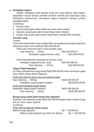 242
a. Kewajiban segera
Adalah kewajiban bank kepada pihak lain yang sifatnya wajib segera
dibayarkan sesuai dengan perintah pemberi amanat atau perjanjian yang
ditetapkan sebelumnya. Kewajiban segera disajikan sebesar jumlah
kewajiban Bank
Contohnya :
a. kiriman uang,
b. penerimaan pajak melalui Bank yg masih harus disetor,
c. deposito yang sudah jatuh tempo tetapi belum diambil,
d. bunga yang sudah jatuh tempo tetapi belum diambil oleh nasabah.
Transfer uang
Contoh:
TuanAmat mentransfer uang via Bank Baru ke saudaranya yang mempunyai
rekening di bank Lama sebesar Rp5.000.000,00
- Pada saat menerima dana untuk transfer uang
Kas/ rekening …../kliring Rp5.000.000,00
Kewajiban segera-kiriman uang Rp5.000.000,00
- Pada saat dilakukan pembayaran kiriman uang
Kewajiban segera-kiriman uang Rp5.000.000,00
Kas/ rekening …../kliring Rp5.000.000,00
Titipan Pajak Nasabah
CV Dinar menyetorkan uang senilai Rp30.000.000,00 untuk membayar pajak
tahun 2006 melalui Bank Gajayana.
Pada saat diterima dana untuk penyetoran pajak:
Kas/ rekening …../kliring Rp30.000.000,00
Kewajiban segera-pajak nasabah Rp30.000.000,00
Pada saat kewajiban pajak disetor
Kewajiban segera-pajak nasabah Rp30.000.000,00
Kas/ rekening …../kliring Rp30.000.000,00
Bunga yang sudah jatuh tempo dari deposito
Deposito Tuan Santosa senilai Rp50.000.000,00 jangka waktu 3 bulan bunga
9% per tahun belum diambil.
Jurnalnya:
Pada saat pengakuan beban bunga:
Beban bunga deposito Rp 1.125.000,00
Beban bunga deposito yg masih hrs dibayar Rp 1.125.000,00
 