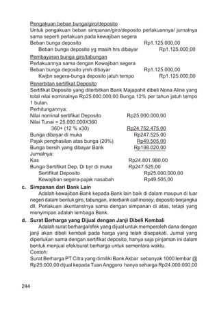244
Pengakuan beban bunga/giro/deposito
Untuk pengakuan beban simpanan/giro/deposito perlakuannya/ jurnalnya
sama seperti perlakuan pada kewajiban segera
Beban bunga deposito Rp1.125.000,00
Beban bunga deposito yg masih hrs dibayar Rp1.125.000,00
Pembayaran bunga giro/tabungan
Perlakuannya sama dengan Kewajiban segera
Beban bunga deposito ymh dibayar Rp1.125.000,00
Kwjbn segera-bunga deposito jatuh tempo Rp1.125.000,00
Penerbitan sertiﬁkat Deposito
Sertiﬁkat Deposito yang diterbitkan Bank Majapahit dibeli Nona Aline yang
total nilai nominalnya Rp25.000.000,00 Bunga 12% per tahun jatuh tempo
1 bulan.
Perhitungannya:
Nilai nominal sertiﬁkat Deposito Rp25.000.000,00
Nilai Tunai = 25.000.000X360
360+ (12 % x30) Rp24.752.475,00
Bunga dibayar di muka Rp247.525,00
Pajak penghasilan atas bunga (20%) Rp49.505,00
Bunga bersih yang dibayar Bank Rp198.020,00
Jurnalnya:
Kas Rp24.801.980,00
Bunga Sertiﬁkat Dep. Di byr di muka Rp247.525,00
Sertiﬁkat Deposito Rp25.000.000,00
Kewajiban segera-pajak nasabah Rp49.505,00
c. Simpanan dari Bank Lain
Adalah kewajiban Bank kepada Bank lain baik di dalam maupun di luar
negeri dalam bentuk giro, tabungan, interbank call money, deposito berjangka
dll. Perlakuan akuntansinya sama dengan simpanan di atas, tetapi yang
menyimpan adalah lembaga Bank.
d. Surat Berharga yang Dijual dengan Janji Dibeli Kembali
Adalah surat berharga/efek yang dijual untuk memperoleh dana dengan
janji akan dibeli kembali pada harga yang telah disepakati. Jurnal yang
diperlukan sama dengan sertiﬁkat deposito, hanya saja pinjaman ini dalam
bentuk menjual efek/surat berharga untuk sementara waktu.
Contoh:
Surat Berharga PT Citra yang dimiliki BankAkbar sebanyak 1000 lembar @
Rp25.000,00 dijual kepada TuanAnggoro hanya seharga Rp24.000.000,00
 