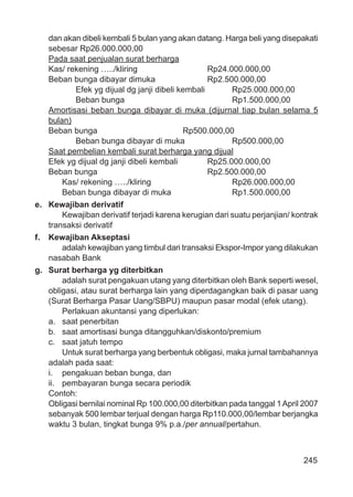 245
dan akan dibeli kembali 5 bulan yang akan datang. Harga beli yang disepakati
sebesar Rp26.000.000,00
Pada saat penjualan surat berharga
Kas/ rekening …../kliring Rp24.000.000,00
Beban bunga dibayar dimuka Rp2.500.000,00
Efek yg dijual dg janji dibeli kembali Rp25.000.000,00
Beban bunga Rp1.500.000,00
Amortisasi beban bunga dibayar di muka (dijurnal tiap bulan selama 5
bulan)
Beban bunga Rp500.000,00
Beban bunga dibayar di muka Rp500.000,00
Saat pembelian kembali surat berharga yang dijual
Efek yg dijual dg janji dibeli kembali Rp25.000.000,00
Beban bunga Rp2.500.000,00
Kas/ rekening …../kliring Rp26.000.000,00
Beban bunga dibayar di muka Rp1.500.000,00
e. Kewajiban derivatif
Kewajiban derivatif terjadi karena kerugian dari suatu perjanjian/ kontrak
transaksi derivatif
f. Kewajiban Akseptasi
adalah kewajiban yang timbul dari transaksi Ekspor-Impor yang dilakukan
nasabah Bank
g. Surat berharga yg diterbitkan
adalah surat pengakuan utang yang diterbitkan oleh Bank seperti wesel,
obligasi, atau surat berharga lain yang diperdagangkan baik di pasar uang
(Surat Berharga Pasar Uang/SBPU) maupun pasar modal (efek utang).
Perlakuan akuntansi yang diperlukan:
a. saat penerbitan
b. saat amortisasi bunga ditangguhkan/diskonto/premium
c. saat jatuh tempo
Untuk surat berharga yang berbentuk obligasi, maka jurnal tambahannya
adalah pada saat:
i. pengakuan beban bunga, dan
ii. pembayaran bunga secara periodik
Contoh:
Obligasi bernilai nominal Rp 100.000,00 diterbitkan pada tanggal 1April 2007
sebanyak 500 lembar terjual dengan harga Rp110.000,00/lembar berjangka
waktu 3 bulan, tingkat bunga 9% p.a./per annual/pertahun.
 