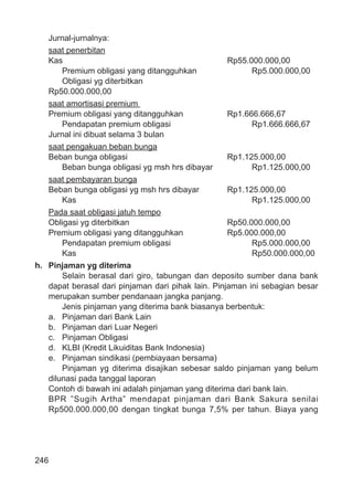 246
Jurnal-jurnalnya:
saat penerbitan
Kas Rp55.000.000,00
Premium obligasi yang ditangguhkan Rp5.000.000,00
Obligasi yg diterbitkan
Rp50.000.000,00
saat amortisasi premium
Premium obligasi yang ditangguhkan Rp1.666.666,67
Pendapatan premium obligasi Rp1.666.666,67
Jurnal ini dibuat selama 3 bulan
saat pengakuan beban bunga
Beban bunga obligasi Rp1.125.000,00
Beban bunga obligasi yg msh hrs dibayar Rp1.125.000,00
saat pembayaran bunga
Beban bunga obligasi yg msh hrs dibayar Rp1.125.000,00
Kas Rp1.125.000,00
Pada saat obligasi jatuh tempo
Obligasi yg diterbitkan Rp50.000.000,00
Premium obligasi yang ditangguhkan Rp5.000.000,00
Pendapatan premium obligasi Rp5.000.000,00
Kas Rp50.000.000,00
h. Pinjaman yg diterima
Selain berasal dari giro, tabungan dan deposito sumber dana bank
dapat berasal dari pinjaman dari pihak lain. Pinjaman ini sebagian besar
merupakan sumber pendanaan jangka panjang.
Jenis pinjaman yang diterima bank biasanya berbentuk:
a. Pinjaman dari Bank Lain
b. Pinjaman dari Luar Negeri
c. Pinjaman Obligasi
d. KLBI (Kredit Likuiditas Bank Indonesia)
e. Pinjaman sindikasi (pembiayaan bersama)
Pinjaman yg diterima disajikan sebesar saldo pinjaman yang belum
dilunasi pada tanggal laporan
Contoh di bawah ini adalah pinjaman yang diterima dari bank lain.
BPR ”Sugih Artha” mendapat pinjaman dari Bank Sakura senilai
Rp500.000.000,00 dengan tingkat bunga 7,5% per tahun. Biaya yang
 