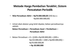 Metode Harga Pembelian Terakhir; Sistem 
Pencatatan Periodik 
• Nilai Persediaan Akhir = Rp70.000.000,00 (350 dus x 
Rp200.000.000,00) 
• Untuk obat-obatan yang telah dipakai, beban persediaannya 
adalah: 
Beban Persediaan = Persediaan Awal + Pembeliaan – 
Persediaan Akhir 
• Beban Persediaan = 0 + {(100 x Rp100.000,00) + (200 x 
Rp150.000,00) + (300 x Rp200.000,00)} – 
Rp70.000.000,00 
= Rp 30.000.000 
 