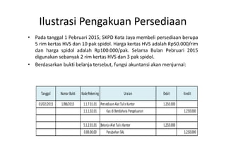Ilustrasi Pengakuan Persediaan 
• Pada tanggal 1 Pebruari 2015, SKPD Kota Jaya membeli persediaan berupa 
5 rim kertas HVS dan 10 pak spidol. Harga kertas HVS adalah Rp50.000/rim 
dan harga spidol adalah Rp100.000/pak. Selama Bulan Pebruari 2015 
digunakan sebanyak 2 rim kertas HVS dan 3 pak spidol. 
• Berdasarkan bukti belanja tersebut, fungsi akuntansi akan menjurnal: 
Tanggal Nomor Bukti Kode Rekening Uraian Debit Kredit 
01/02/2015 1/BB/2015 1.1.7.01.01 Persediaan Alat Tulis Kantor 1.250.000 
1.1.1.02.01 Kas di Bendahara Pengeluaran 1.250.000 
5.1.2.01.01 Belanja Alat Tulis Kantor 1.250.000 
0.00.00.00 Perubahan SAL 1.250.000 
 