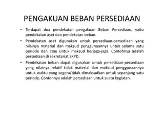 PENGAKUAN BEBAN PERSEDIAAN 
• Terdapat dua pendekatan pengakuan Beban Persediaan, yaitu 
pendekatan aset dan pendekatan beban. 
• Pendekatan aset digunakan untuk persediaan-persediaan yang 
nilainya material dan maksud penggunaannya untuk selama satu 
periode dan atau untuk maksud berjaga-jaga. Contohnya adalah 
persediaan di sekretariat SKPD. 
• Pendekatan beban dapat digunakan untuk persediaan-persediaan 
yang nilainya relatif tidak material dan maksud penggunaannya 
untuk waktu yang segera/tidak dimaksudkan untuk sepanjang satu 
periode. Contohnya adalah persediaan untuk suatu kegiatan. 
 