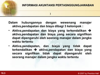 ) INFORMASI AKUNTANSI PERTASNGGUNGJAWABAN Dalam hubungannya dengan wewenang manajer aktiva,pendapatan dan biaya dibagi 3 kelompok :  Aktiva,pendapatan dan biaya yang terkendalikan    aktiva,pendapatan dan biaya yang secara signifikan dapat dipengaruhi oleh seorang manajer dalam jangka waktu tertentu Aktiva,pendapatan, dan biaya yang tidak dapat terkendalikan    aktiva,pendapatan dan biaya yang secara signifikan tidak dapat dipengaruhi oleh seorang manajer dalam jangka waktu tertentu 