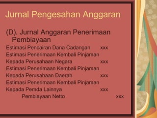 Jurnal Pengesahan Anggaran 
(D). Jurnal Anggaran Penerimaan 
Pembiayaan 
Estimasi Pencairan Dana Cadangan xxx 
Estimasi Penerimaan Kembali Pinjaman 
Kepada Perusahaan Negara xxx 
Estimasi Penerimaan Kembali Pinjaman 
Kepada Perusahaan Daerah xxx 
Estimasi Penerimaan Kembali Pinjaman 
Kepada Pemda Lainnya xxx 
Pembiayaan Netto xxx 
 