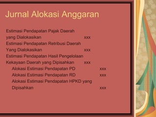 Jurnal Alokasi Anggaran 
Estimasi Pendapatan Pajak Daerah 
yang Dialokasikan xxx 
Estimasi Pendapatan Retribusi Daerah 
Yang Dialokasikan xxx 
Estimasi Pendapatan Hasil Pengelolaan 
Kekayaan Daerah yang Dipisahkan xxx 
Alokasi Estimasi Pendapatan PD xxx 
Alokasi Estimasi Pendapatan RD xxx 
Alokasi Estimasi Pendapatan HPKD yang 
Dipisahkan xxx 
 