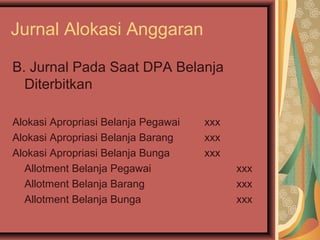 Jurnal Alokasi Anggaran 
B. Jurnal Pada Saat DPA Belanja 
Diterbitkan 
Alokasi Apropriasi Belanja Pegawai xxx 
Alokasi Apropriasi Belanja Barang xxx 
Alokasi Apropriasi Belanja Bunga xxx 
Allotment Belanja Pegawai xxx 
Allotment Belanja Barang xxx 
Allotment Belanja Bunga xxx 
 