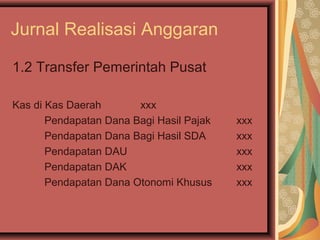 Jurnal Realisasi Anggaran 
1.2 Transfer Pemerintah Pusat 
Kas di Kas Daerah xxx 
Pendapatan Dana Bagi Hasil Pajak xxx 
Pendapatan Dana Bagi Hasil SDA xxx 
Pendapatan DAU xxx 
Pendapatan DAK xxx 
Pendapatan Dana Otonomi Khusus xxx 
 
